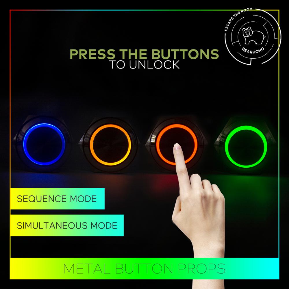 BearHoHo Escape Room Props 4 색 금속 버튼은 모험 출구 게임을위한 12V 자석 자물쇠를 제어하기 위해 빛을 누릅니다.
